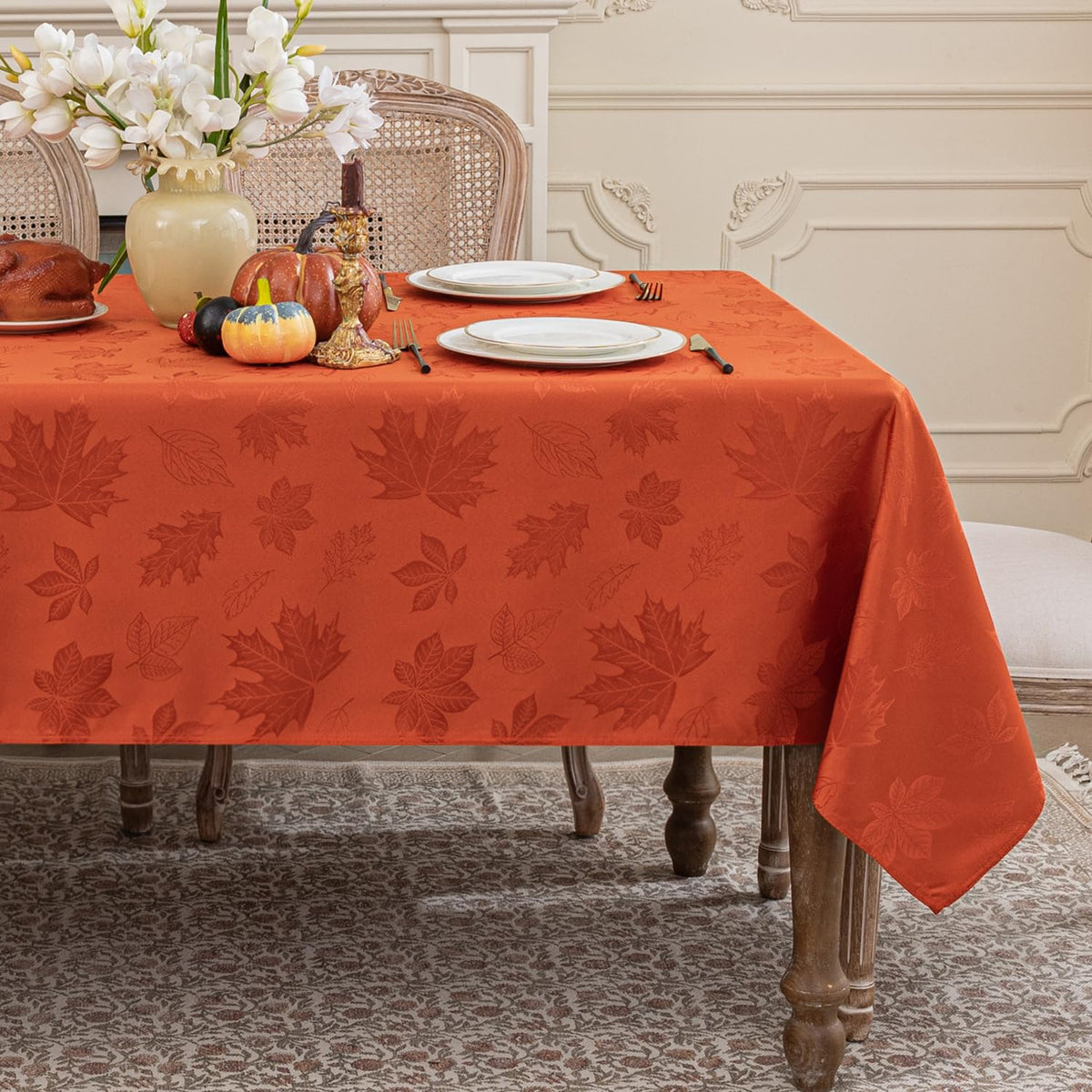 Softalker Fall Jacquard tablecloth with maple leaves enhances autumn table setting.