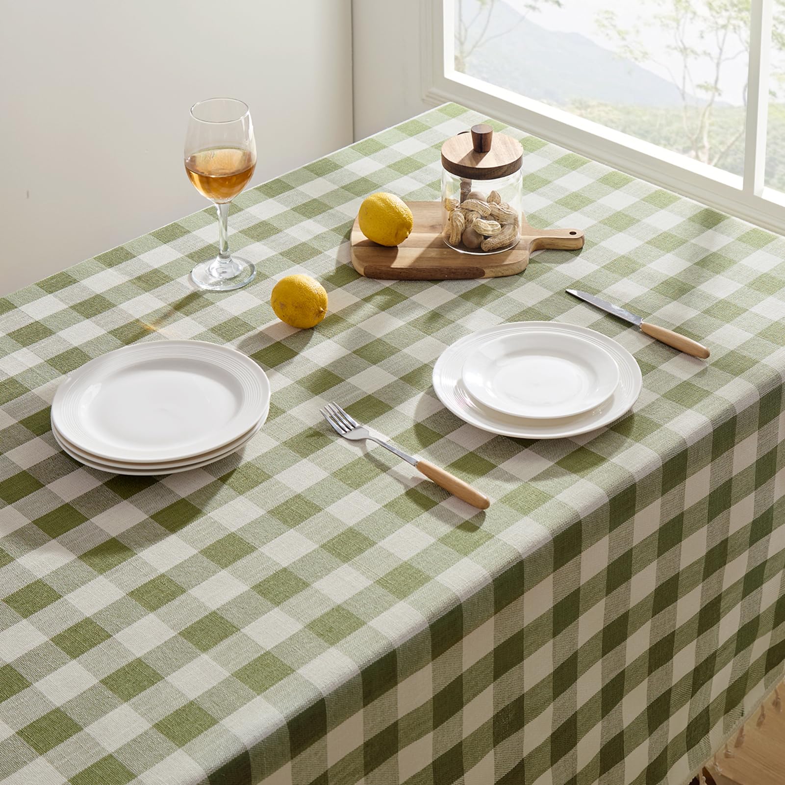 Softalker linen-cotton plaid tablecloth with tassels for indoor or outdoor use.