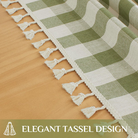 Softalker tassel detail on green tablecloth adds festive charm.