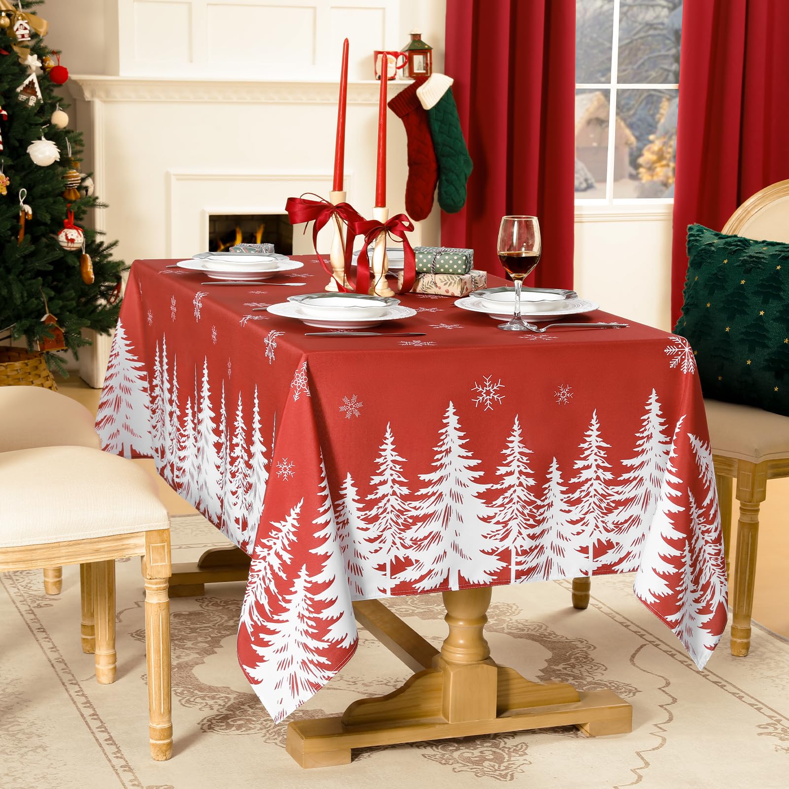 Softalker winter trees red print tablecloth for holiday ambiance.