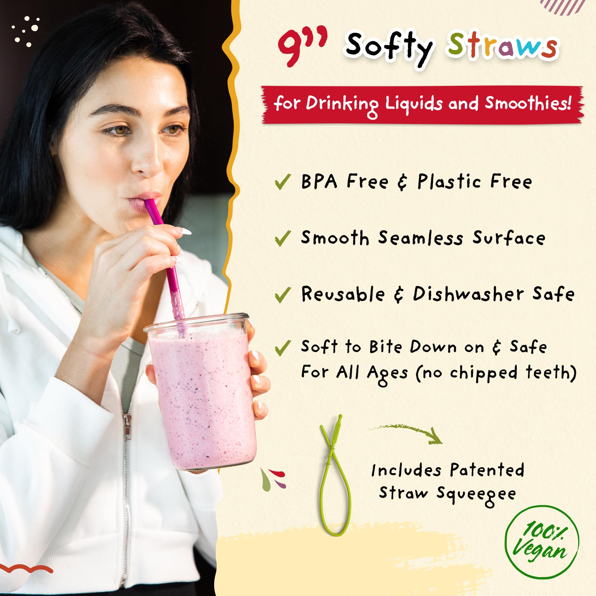 Softy Straws patented squeegee cleaner for easy cleanup.