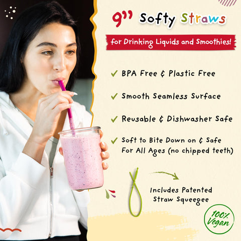 Softy Straws patented squeegee cleaner for easy cleanup.