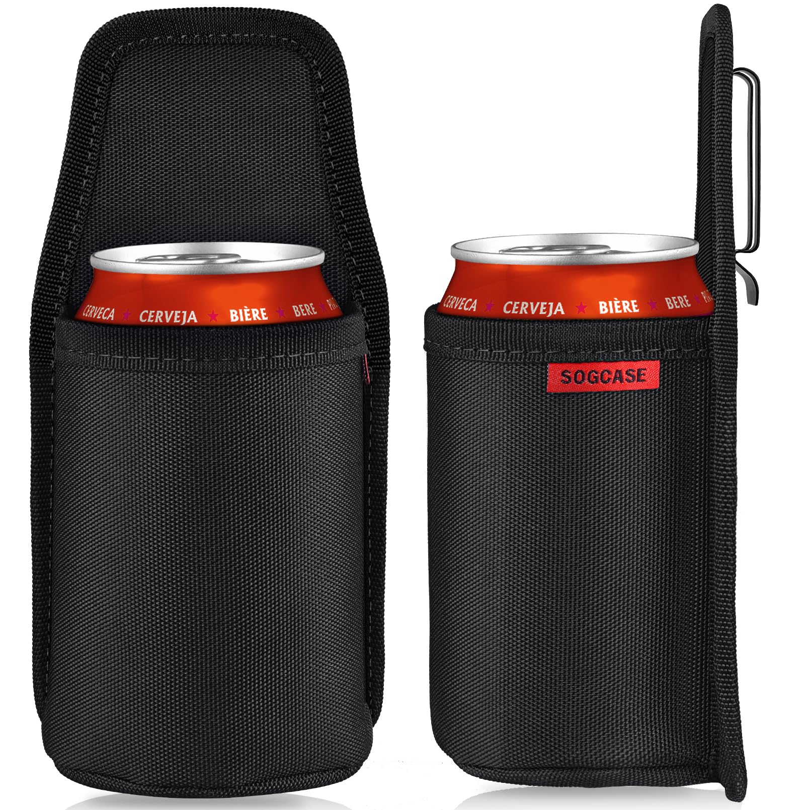 SOGCASE beer holster on belt keeps drinks within reach during outdoor adventures.