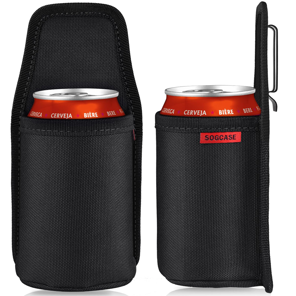 SOGCASE beer holster on belt keeps drinks within reach during outdoor adventures.