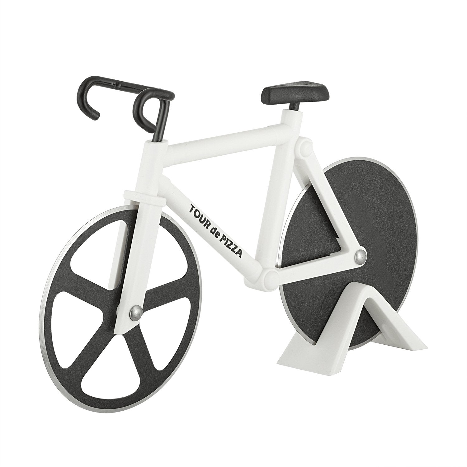 SOHO Kitchen Tour de Pizza Cutter, front view, crisp dual blades for easy slicing.