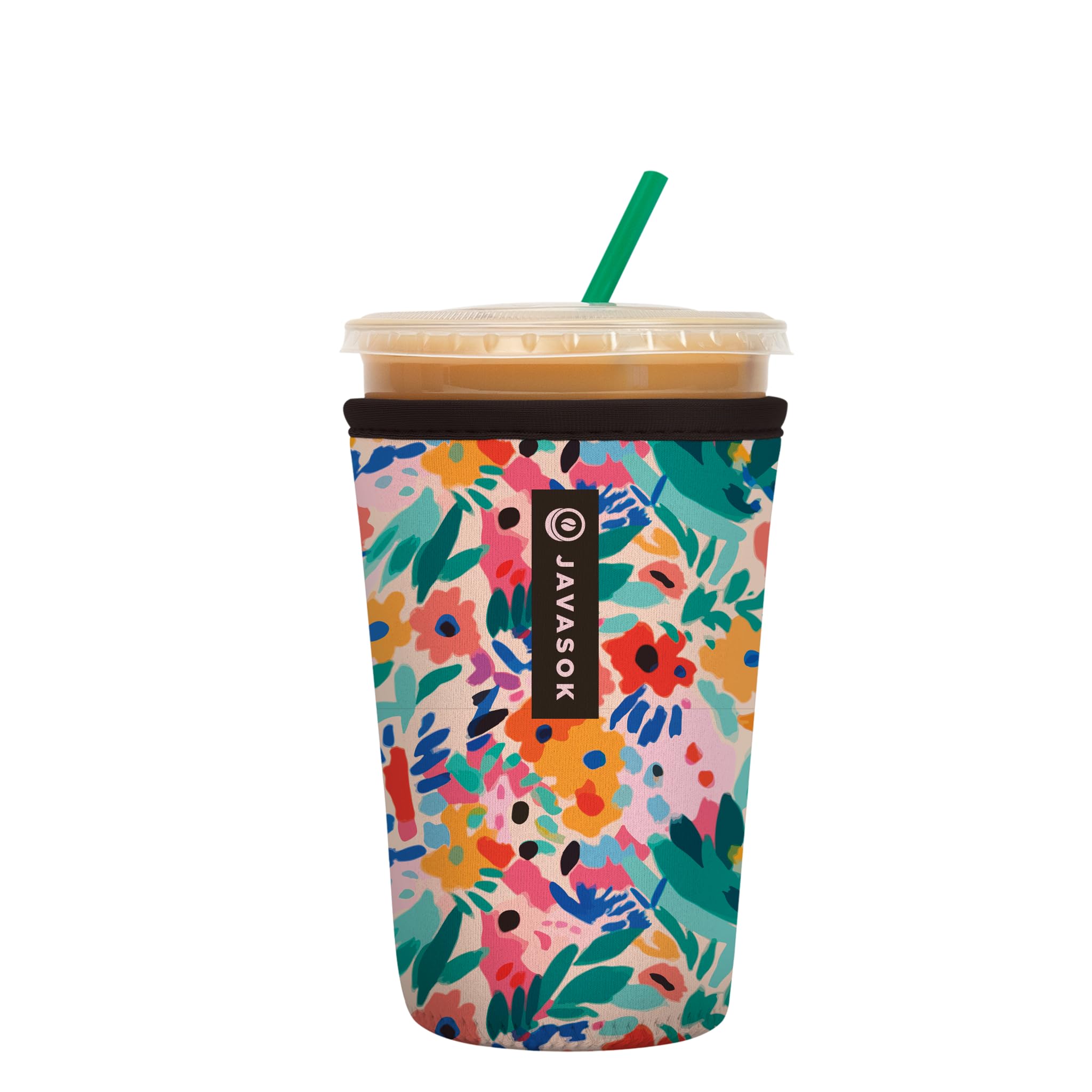 Sok It JavaSok abstract floral sleeve highlights durable neoprene for on-the-go insulation and grip.