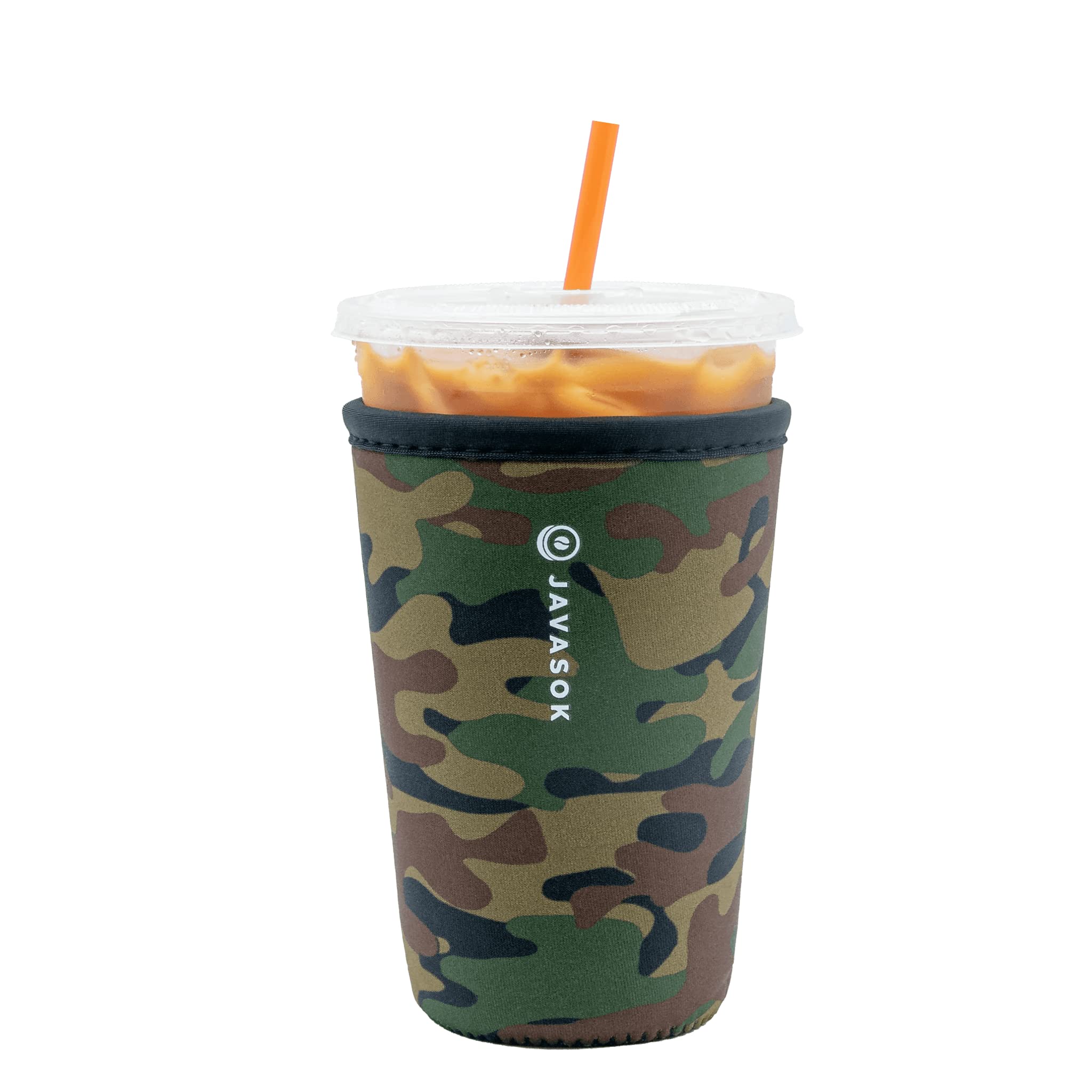 Sok It JavaSok green camo sleeve closeup showing durable neoprene protection for beverages.