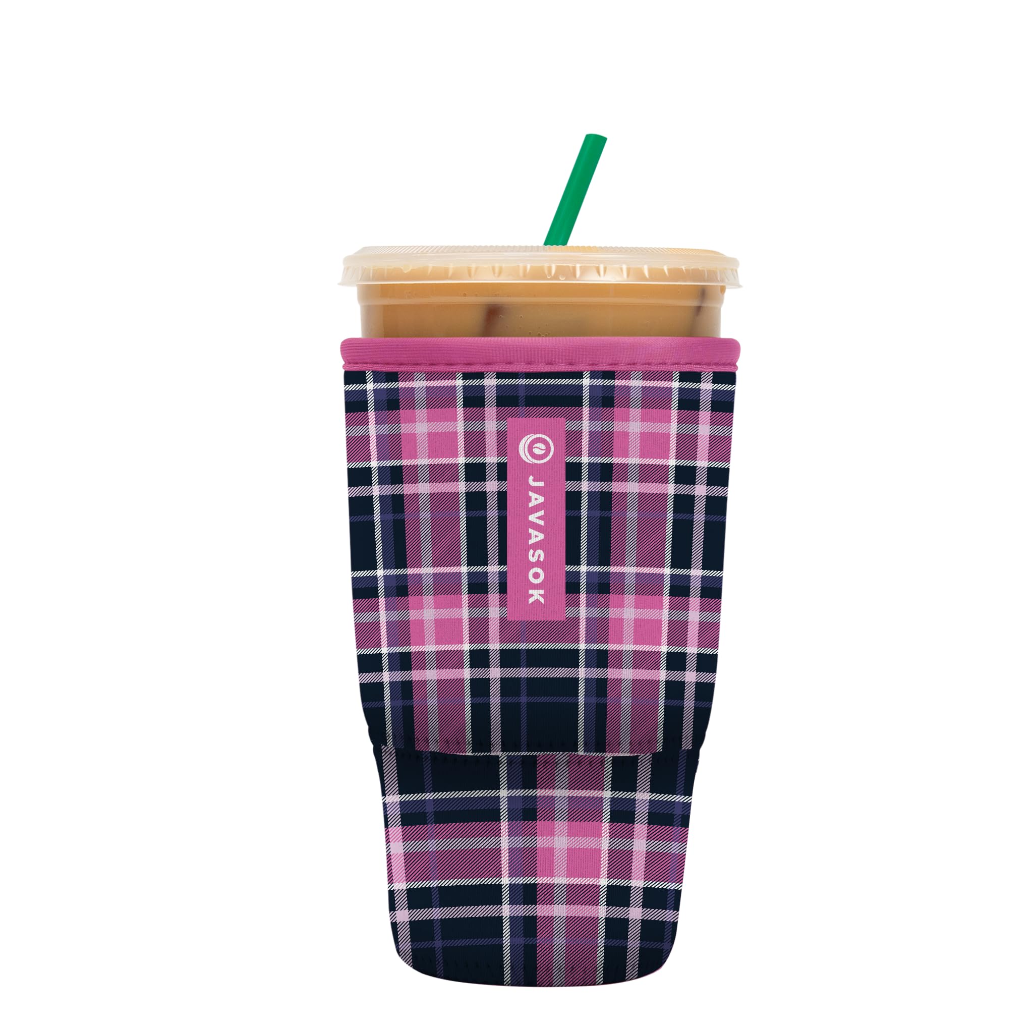 Sok It JavaSok berry plaid close-up showing durable insulation for cold beverages