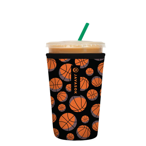 Sok It JavaSok iced coffee sleeve on a basketball-sized cup keeps drinks cold longer.