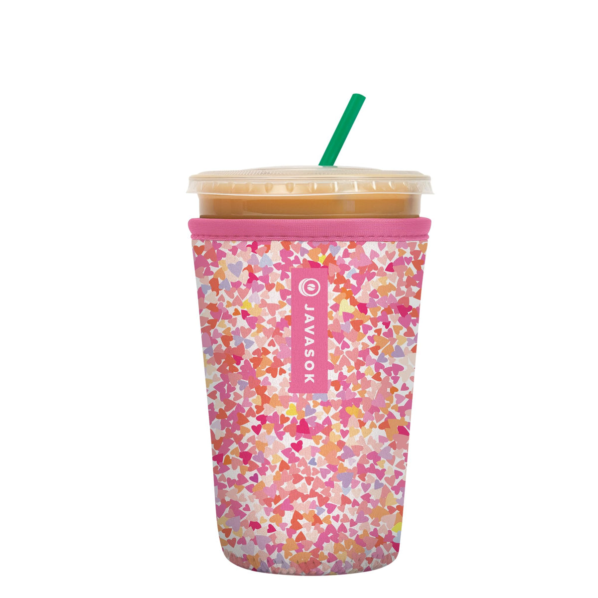 Sok It JavaSok insulated sleeve with floral hearts keeps iced coffee cool and hands dry.