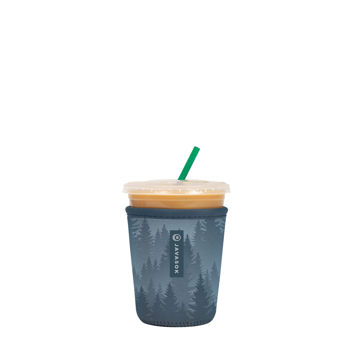 Sok It JavaSok iced coffee sleeve on foggy woods cup keeps drinks cold and hands dry.