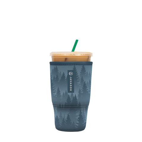 Sok It JavaSok insulated sleeve in foggy woods, front view, keeps drinks cold.