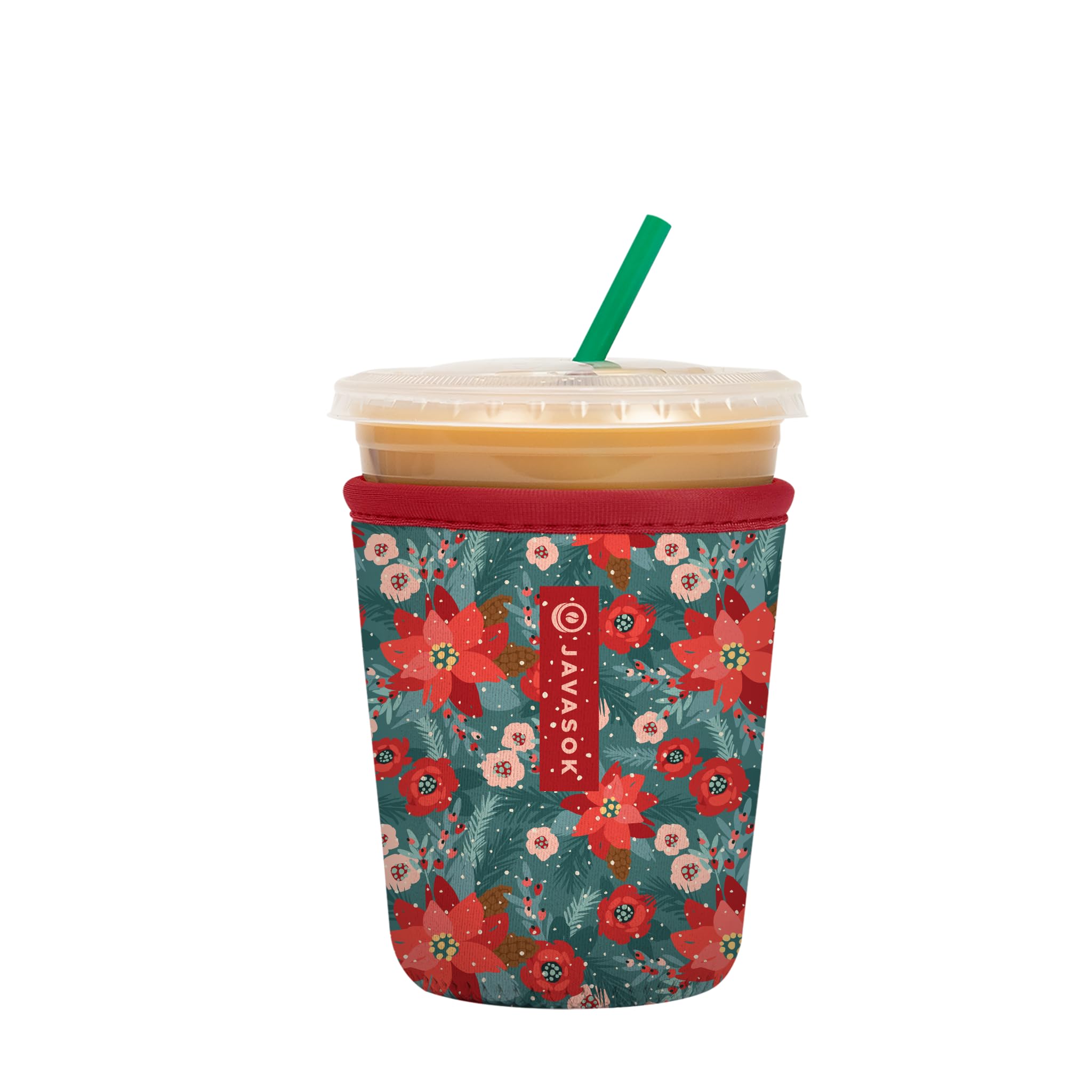 Sok It JavaSok sleeve pastel poinsettias, side view, keeps beverages cold on the go.