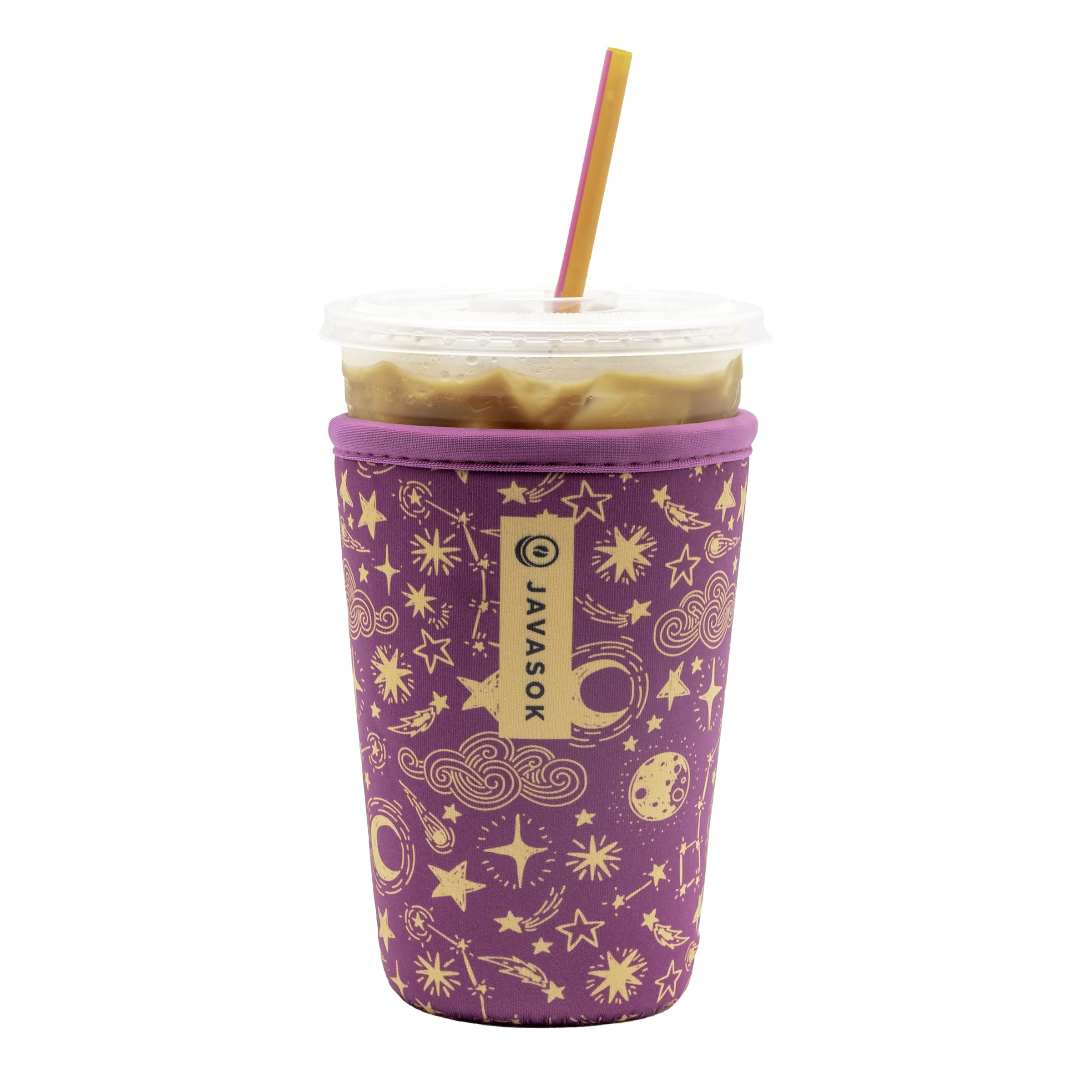 Sok It JavaSok iced coffee sleeve in purple starry night keeps drinks cold and hands warm.