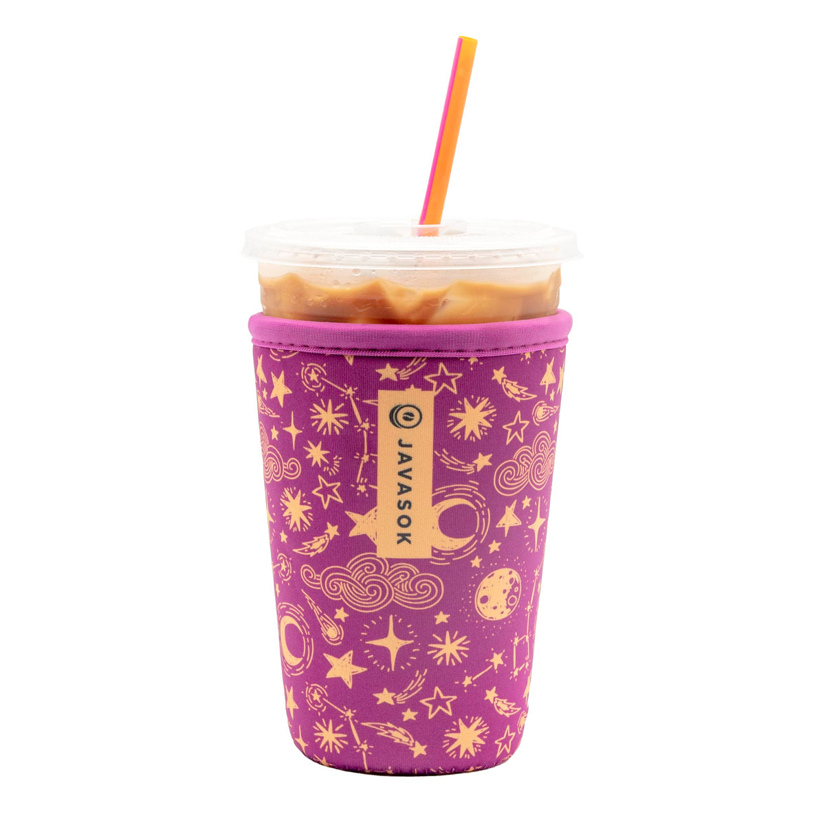 Sok It JavaSok iced coffee sleeve in purple starry night keeps drinks cold and hands warm.