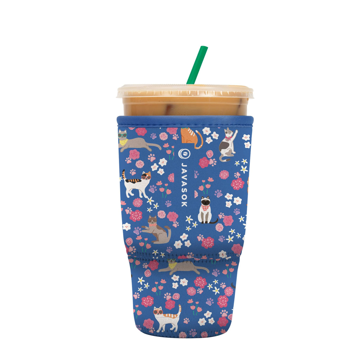 Sok It JavaSok Purr-fection sleeve on a large cup keeps drinks cold and hands dry.