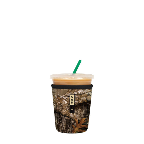 Sok It JavaSok sleeve on iced coffee cup with RealTree Edge camouflage keeps drinks cool.