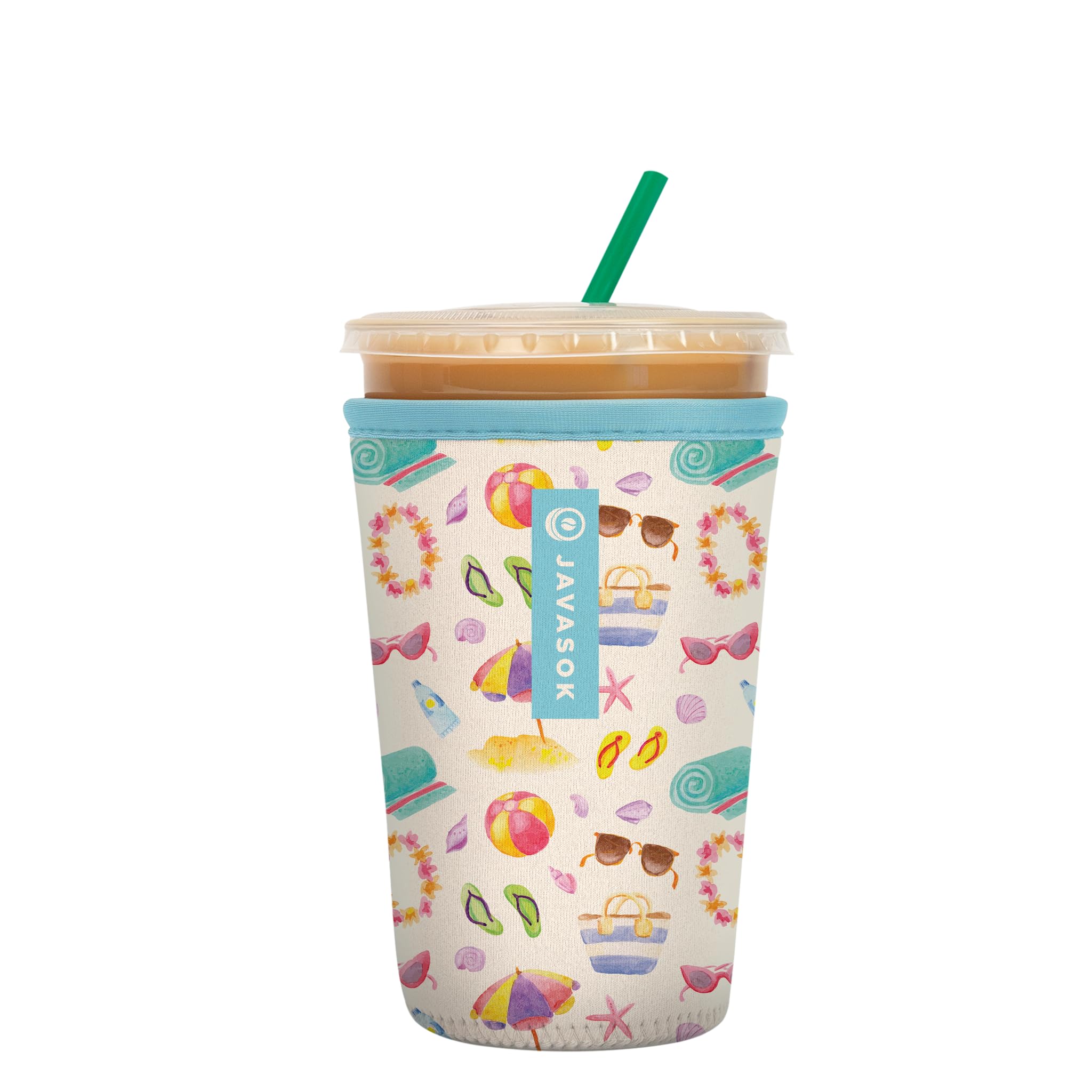 Sok It JavaSok insulated neoprene sleeve keeps drinks cold on the beach.