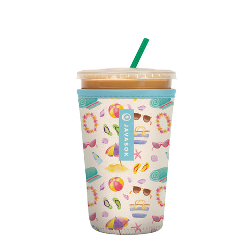 Sok It JavaSok insulated neoprene sleeve keeps drinks cold on the beach.