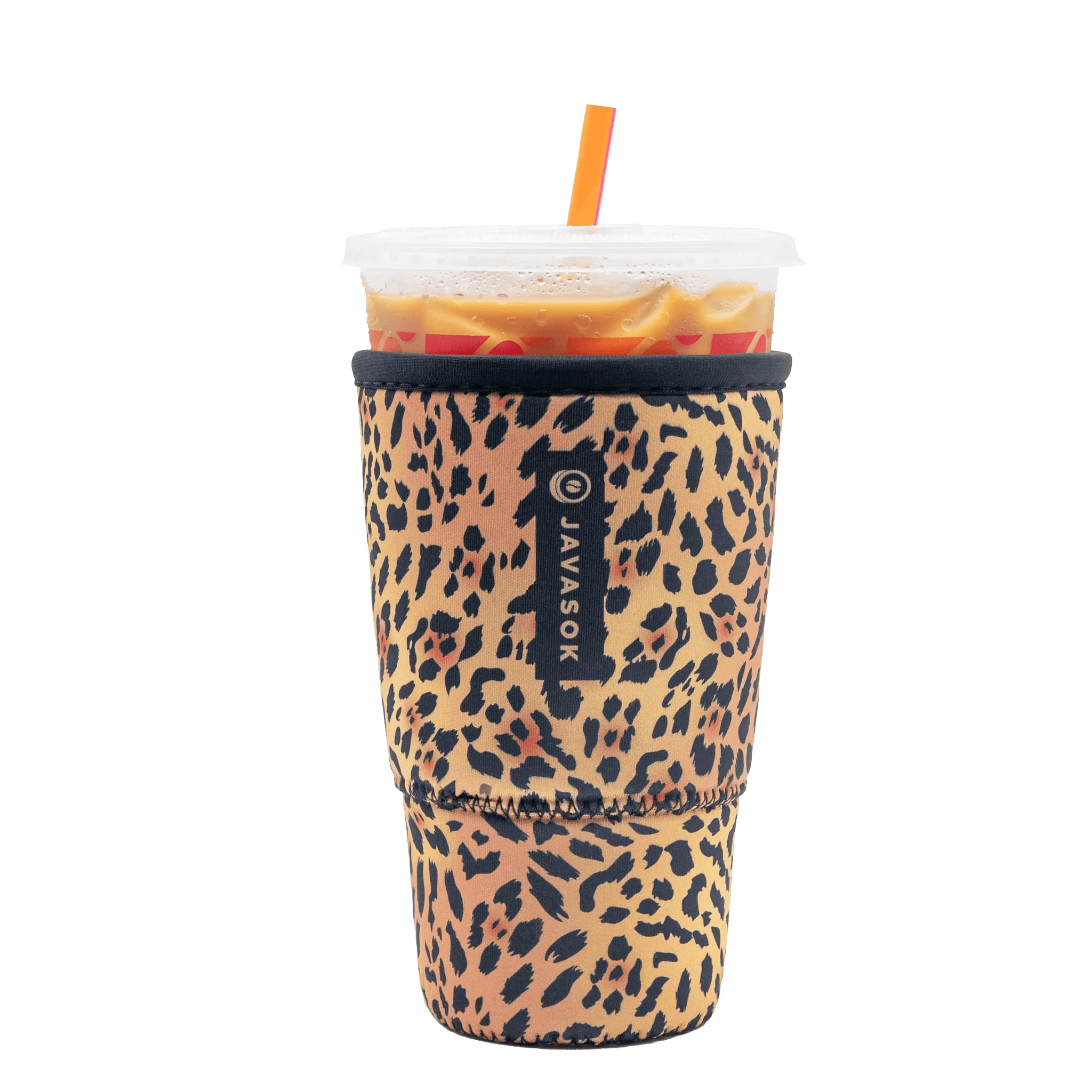Sok It JavaSok leopard sleeve close-up showing durable neoprene insulation.
