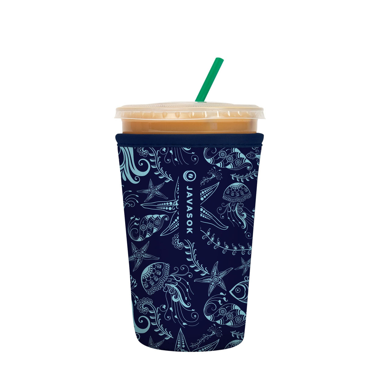 Sok It JavaSok Ocean Oasis sleeve on iced coffee; keeps drink cold and hands dry
