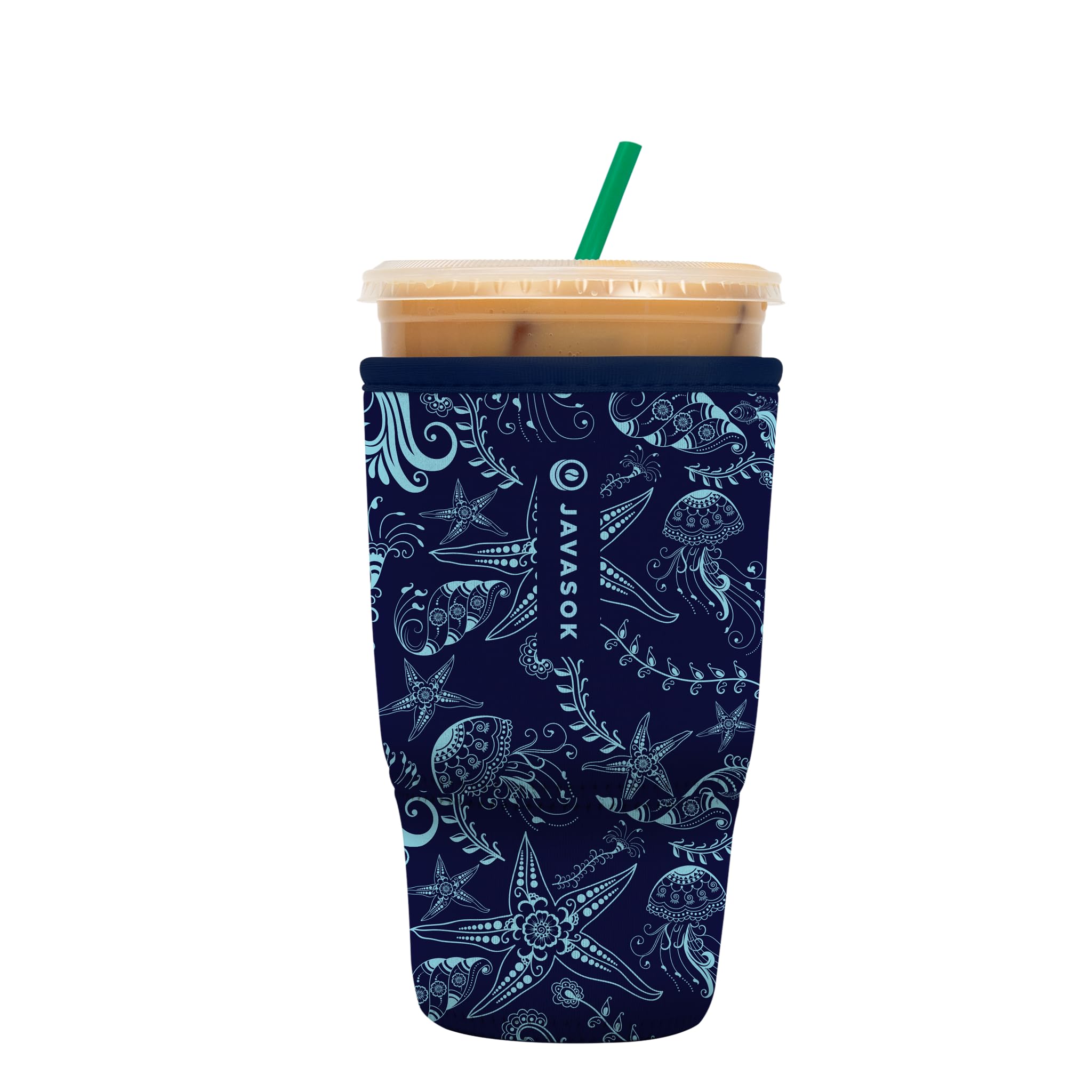 Sok It JavaSok Ocean Oasis sleeve closeup showcases durable neoprene and flexible fit.