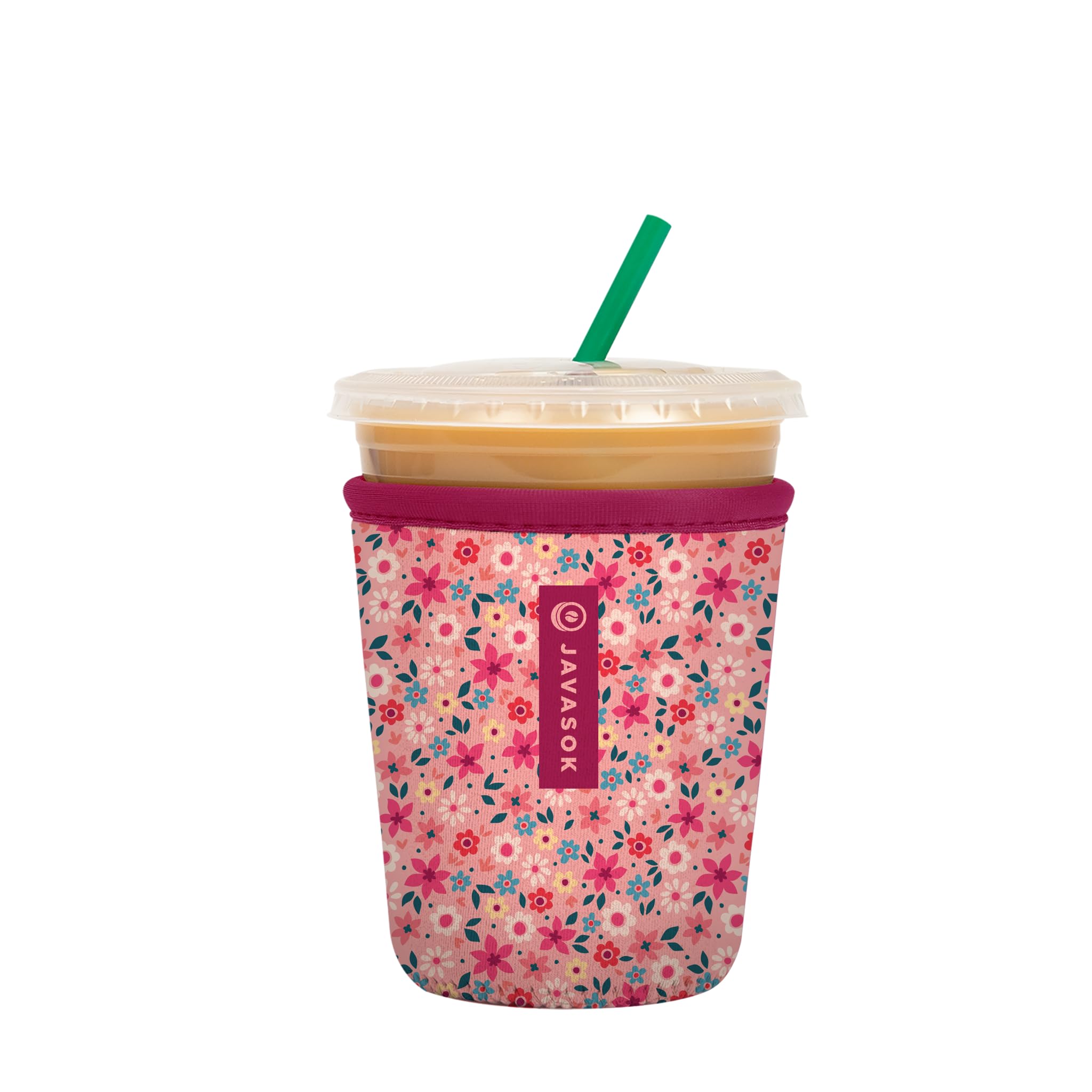 Sok It JavaSok spring bouquet sleeve on cup, protecting from spills while keeping drinks cold.