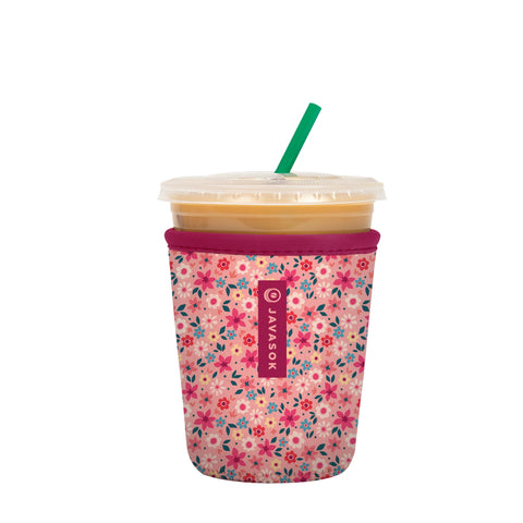 Sok It JavaSok spring bouquet sleeve on cup, protecting from spills while keeping drinks cold.