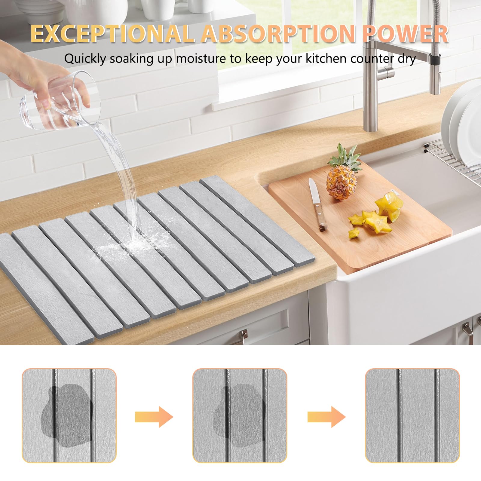 SOKINCLR stone drying mat used to air-dry a stack of dishes and cups