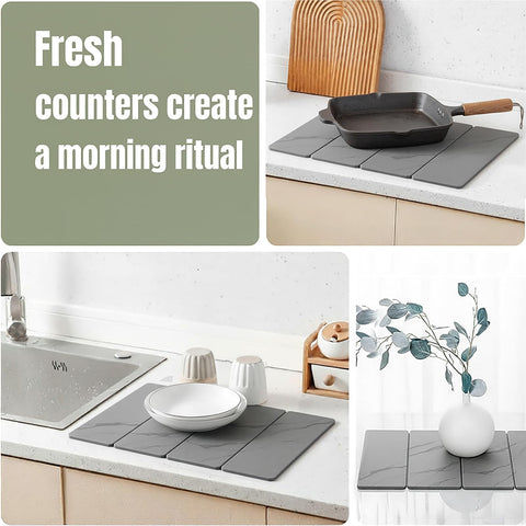Solavelle drying mat beside sink with rack, offering a spacious surface for dishes.