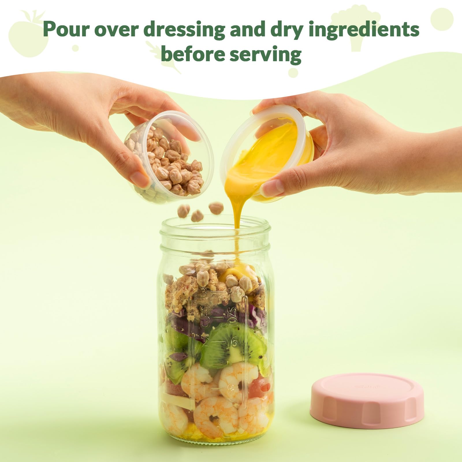 SOLIGT glass salad jar with sky blue lid emphasizing freshness-preserving layers.