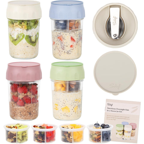SOLIGT 4-pack overnight oats jars with lids and folding spoons for easy prep