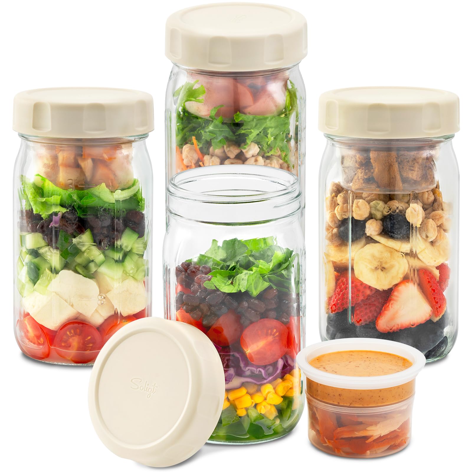 SOLIGT glass salad jar with triple compartments keeps greens crisp for lunch
