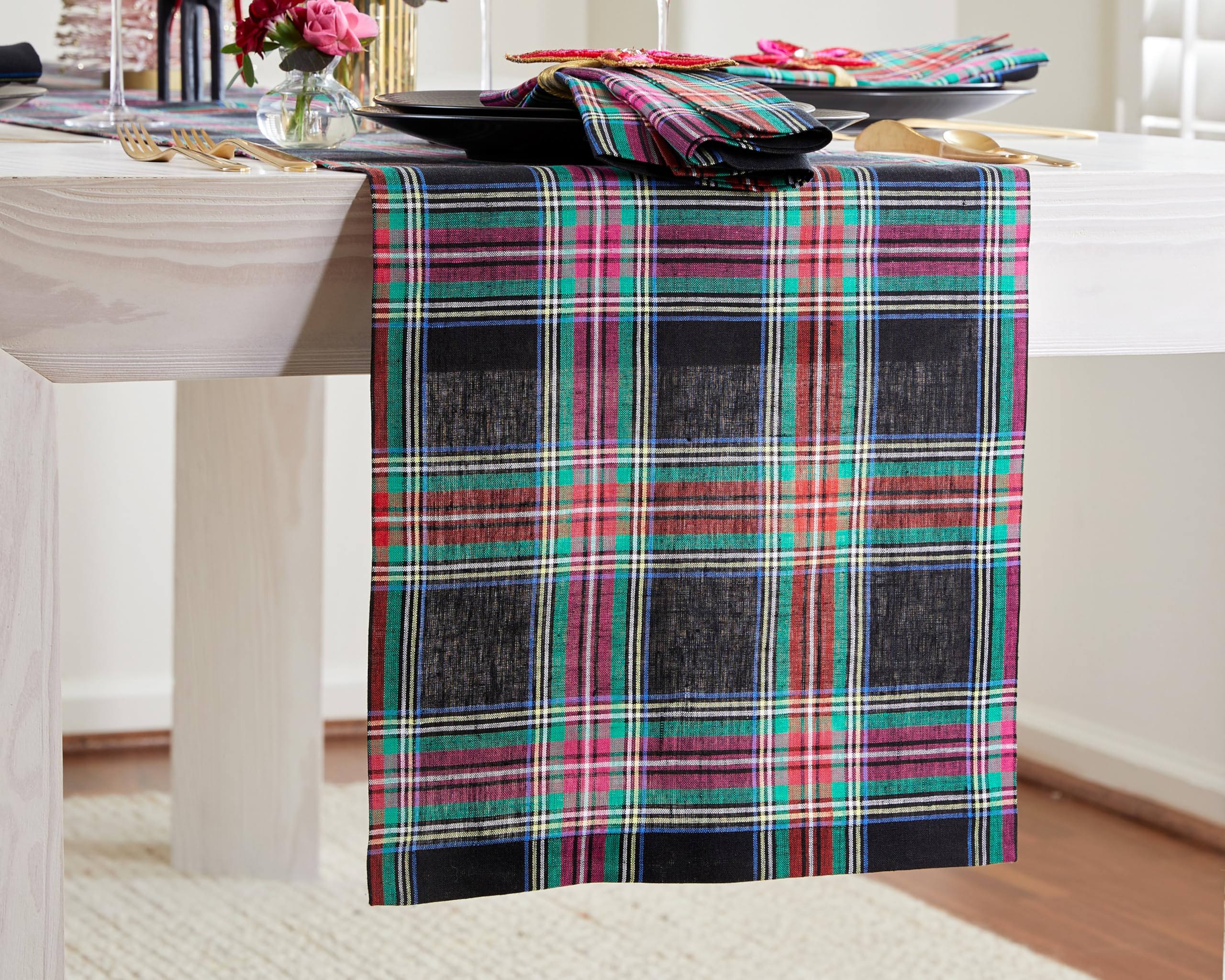 Solino Home pure linen table runner in black plaid adds refined texture