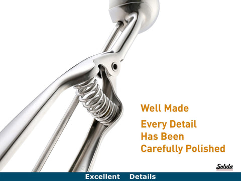 Solula stainless steel scoop body highlights durable, rust-free construction.