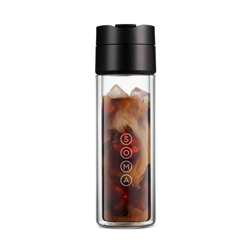 Soma double-wall glass bottle keeps hot drinks warm and hands comfortable.
