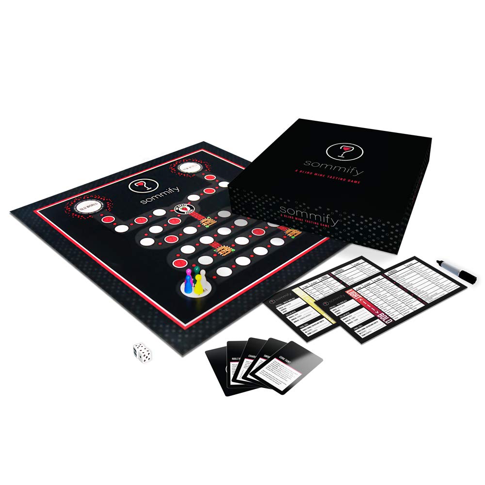 Sommify board game setup with components for a fun blind tasting night