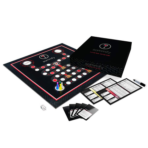 Sommify board game setup with components for a fun blind tasting night