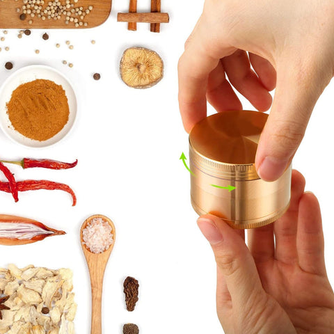 SON4SUN Spice Grinder 2.4in gold in-use enables quick seasoning