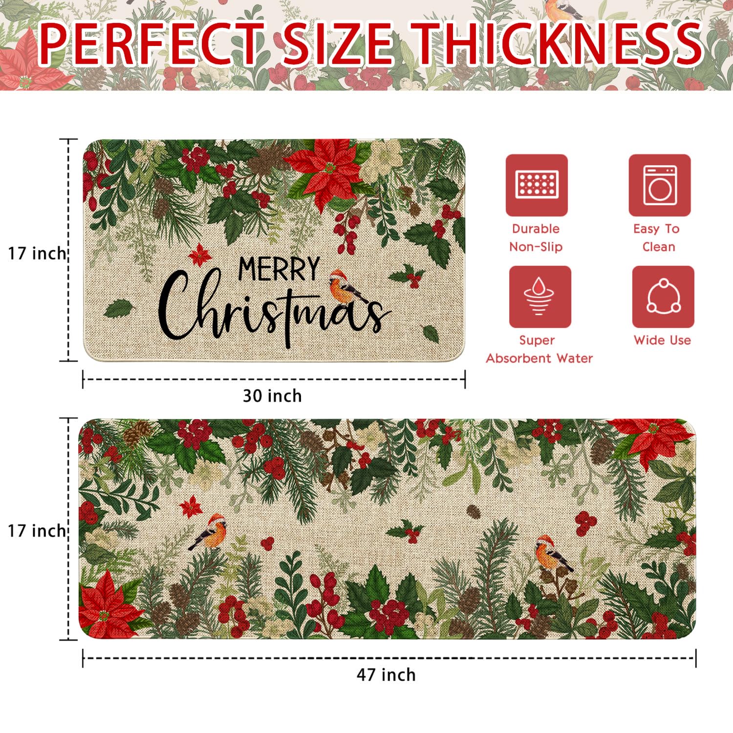 Sonalied Christmas botanical design mat enhances seasonal ambience indoors.