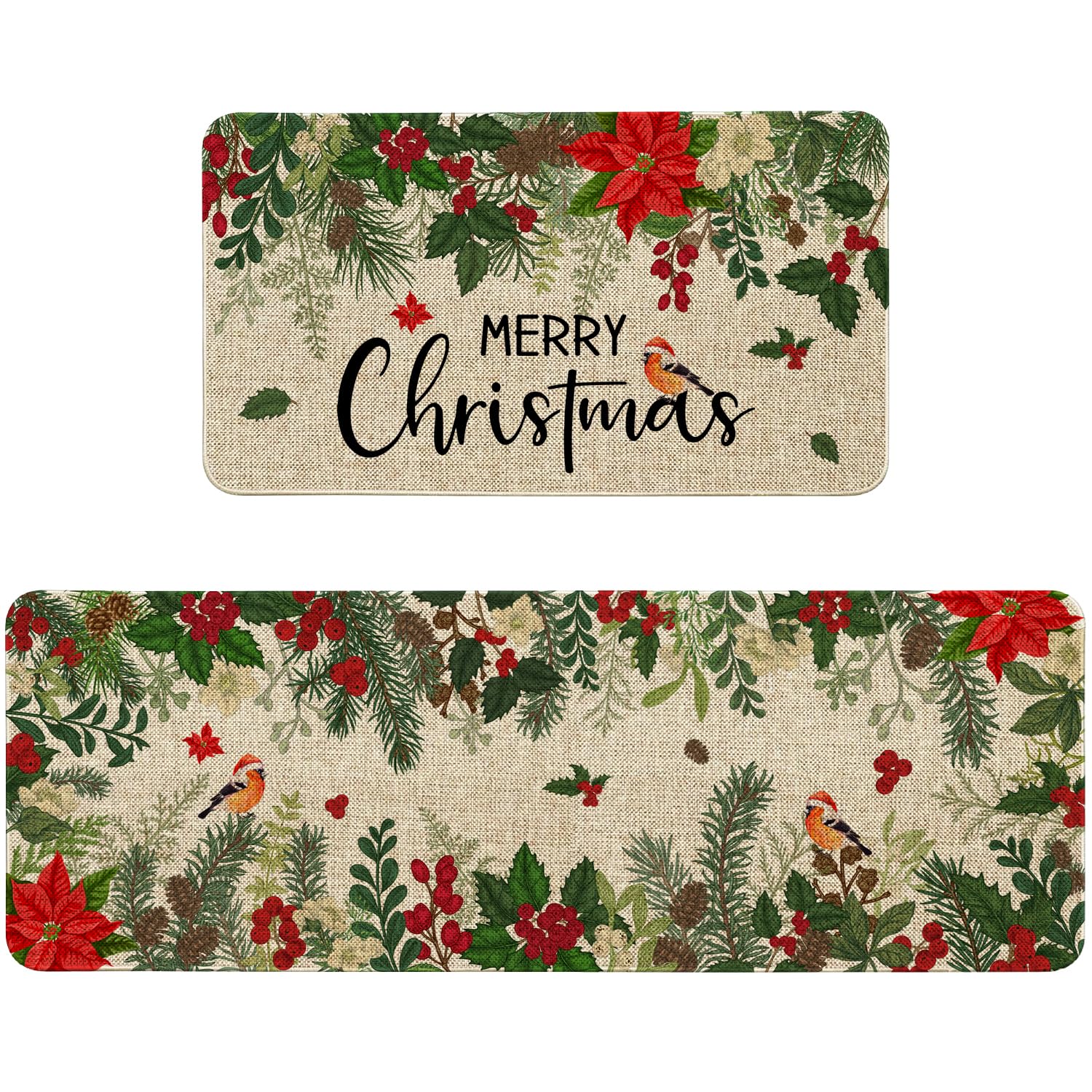 Sonalied Holly Poinsettia kitchen mat 17x30 adds festive welcome to kitchens.
