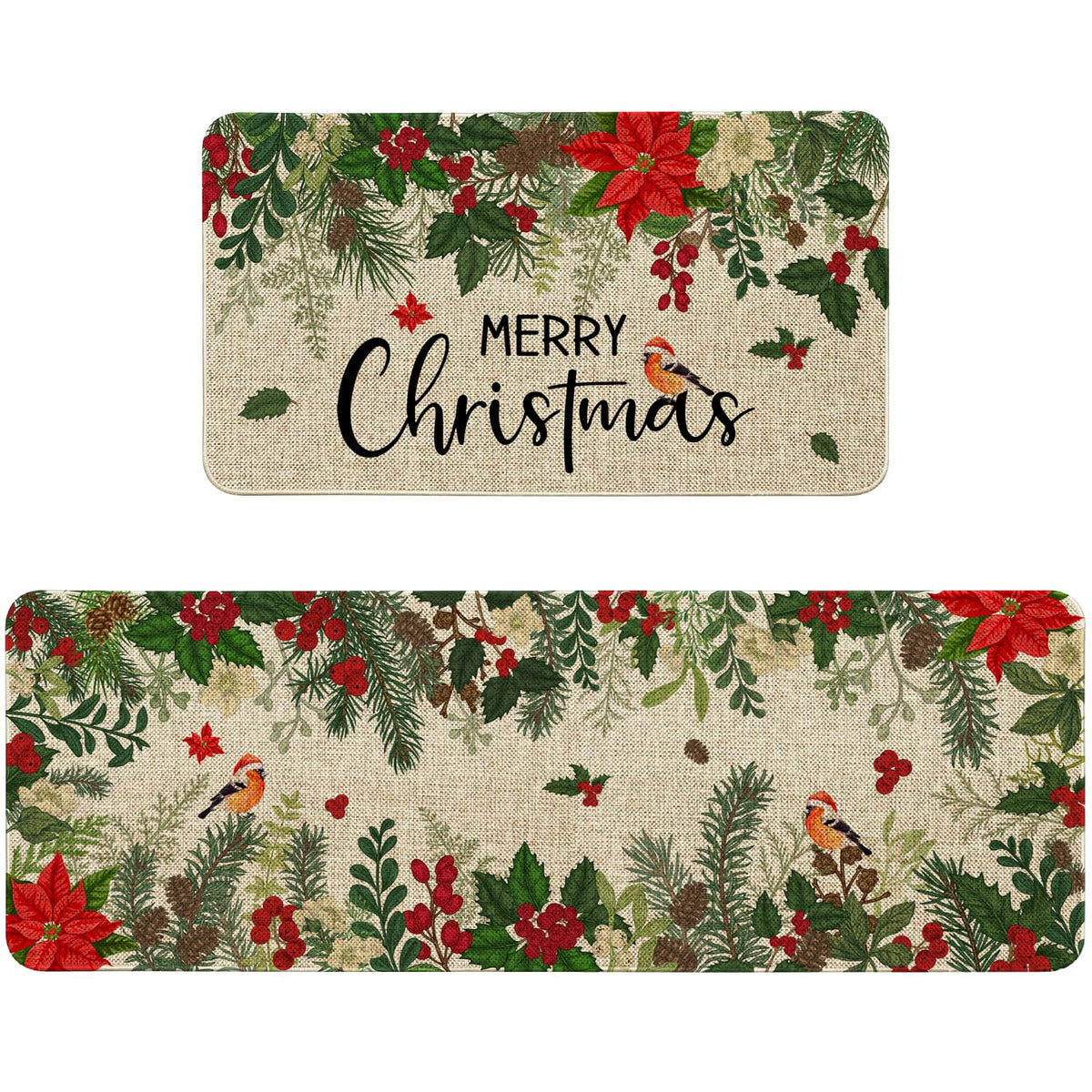 Sonalied Holly Poinsettia kitchen mat 17x30 adds festive welcome to kitchens.