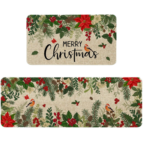 Sonalied Holly Poinsettia kitchen mat 17x30 adds festive welcome to kitchens.