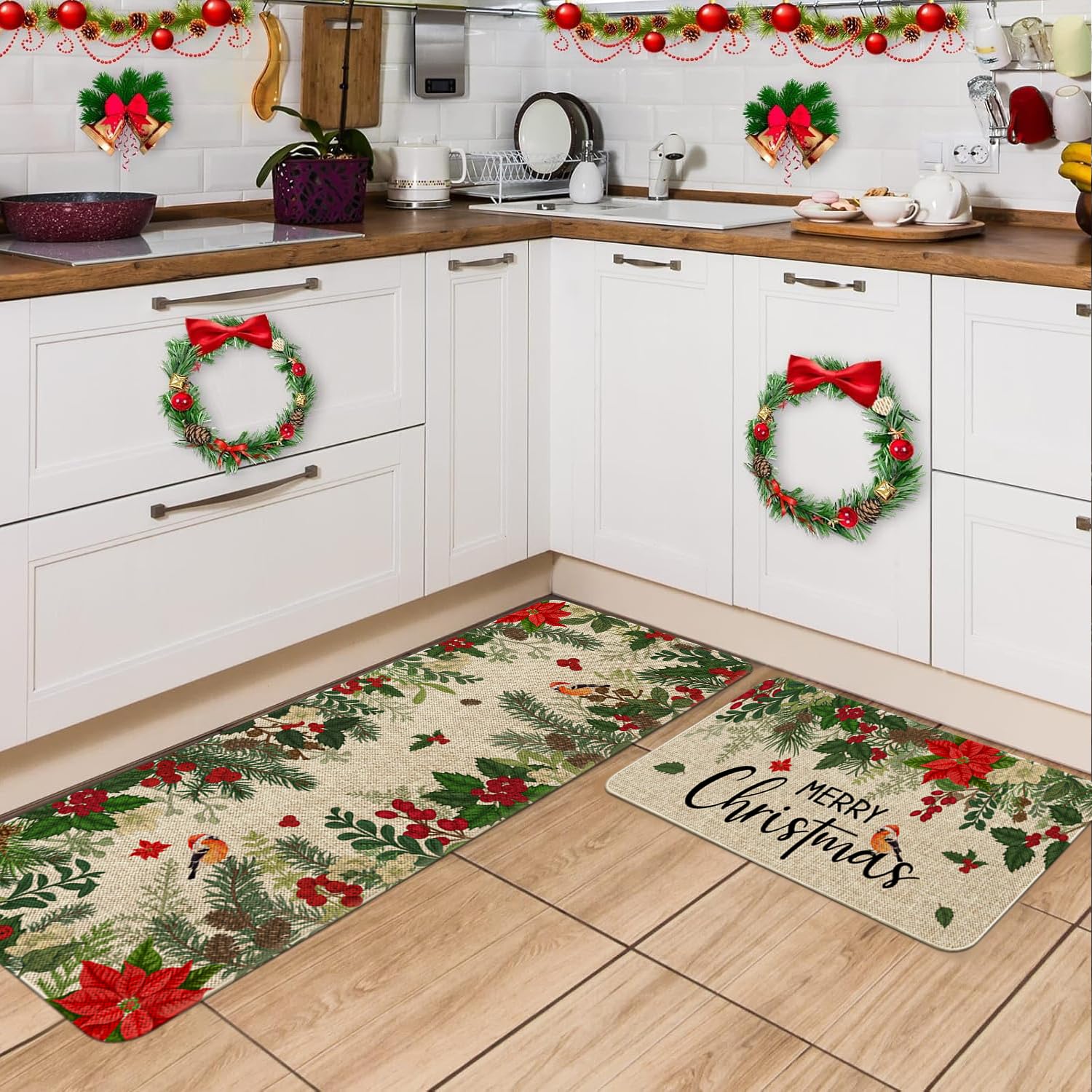 Sonalied Holly Poinsettia kitchen mat 17x47 adds holiday charm to rooms.