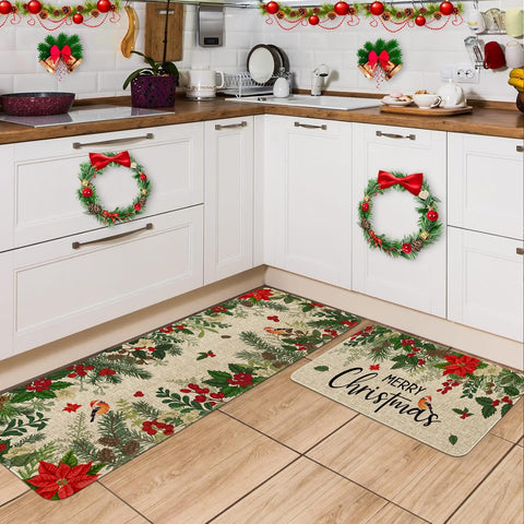 Sonalied Holly Poinsettia kitchen mat 17x47 adds holiday charm to rooms.