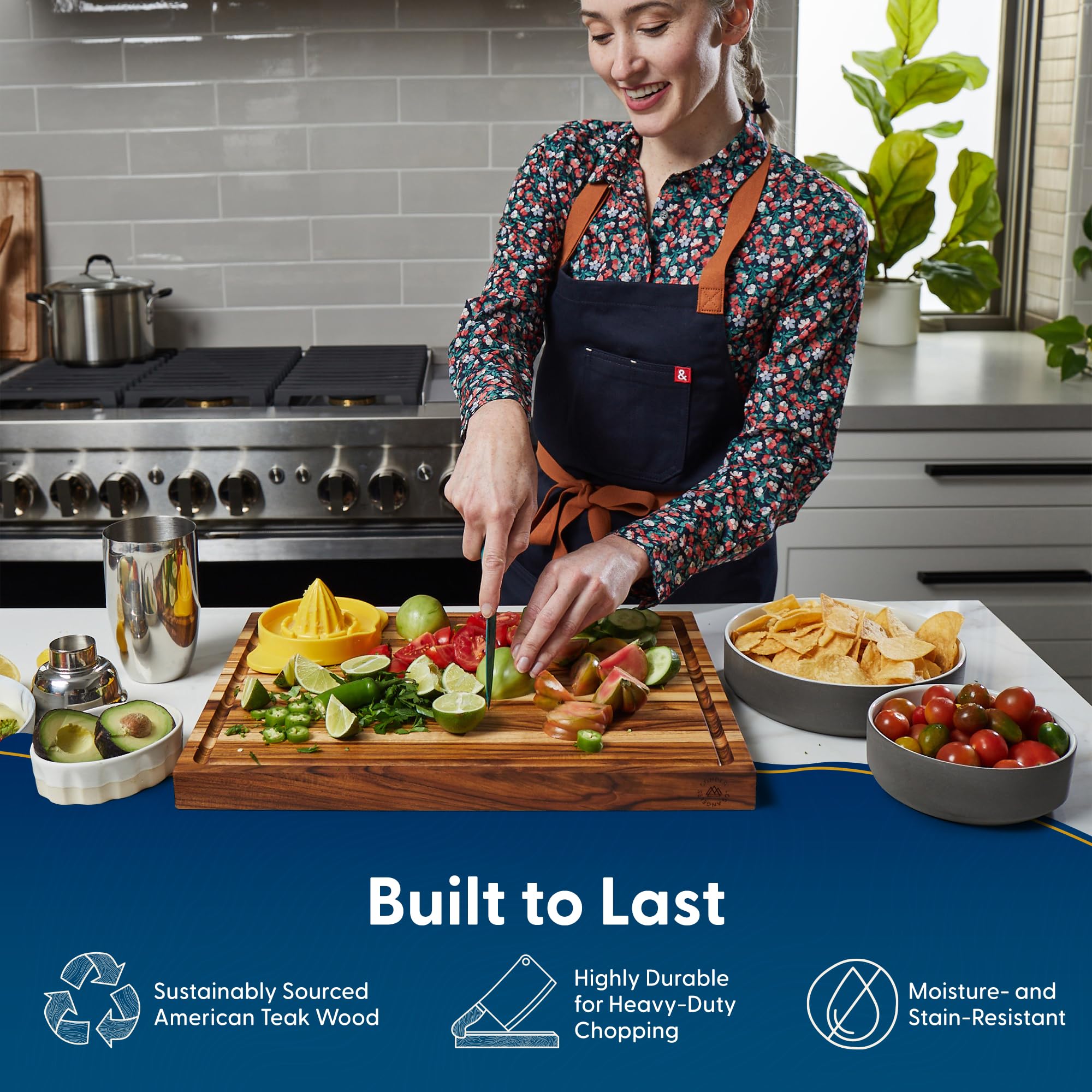 Sonder Los Angeles Laurel food-safe teak board for peace of mind during prep.