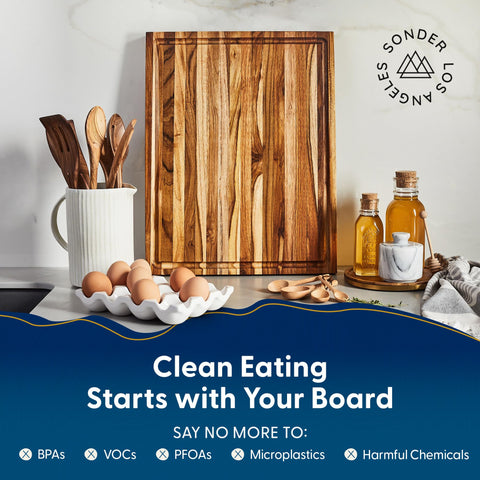 Sonder Los Angeles Laurel juice groove cutting board catches liquids, keeping counters clean.