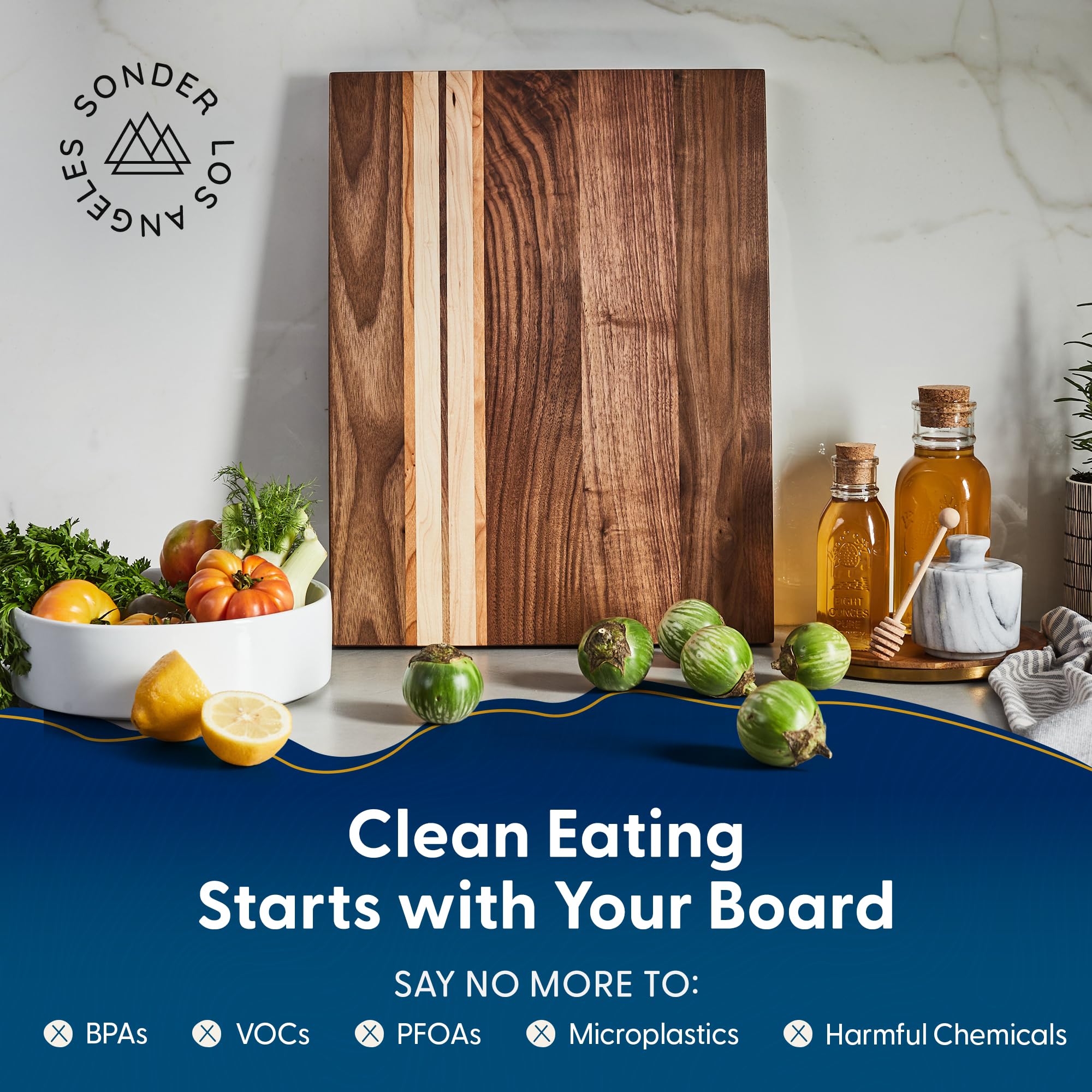 Sonder Los Angeles Motley cutting board edge grain texture emphasizing durability and stain resistance