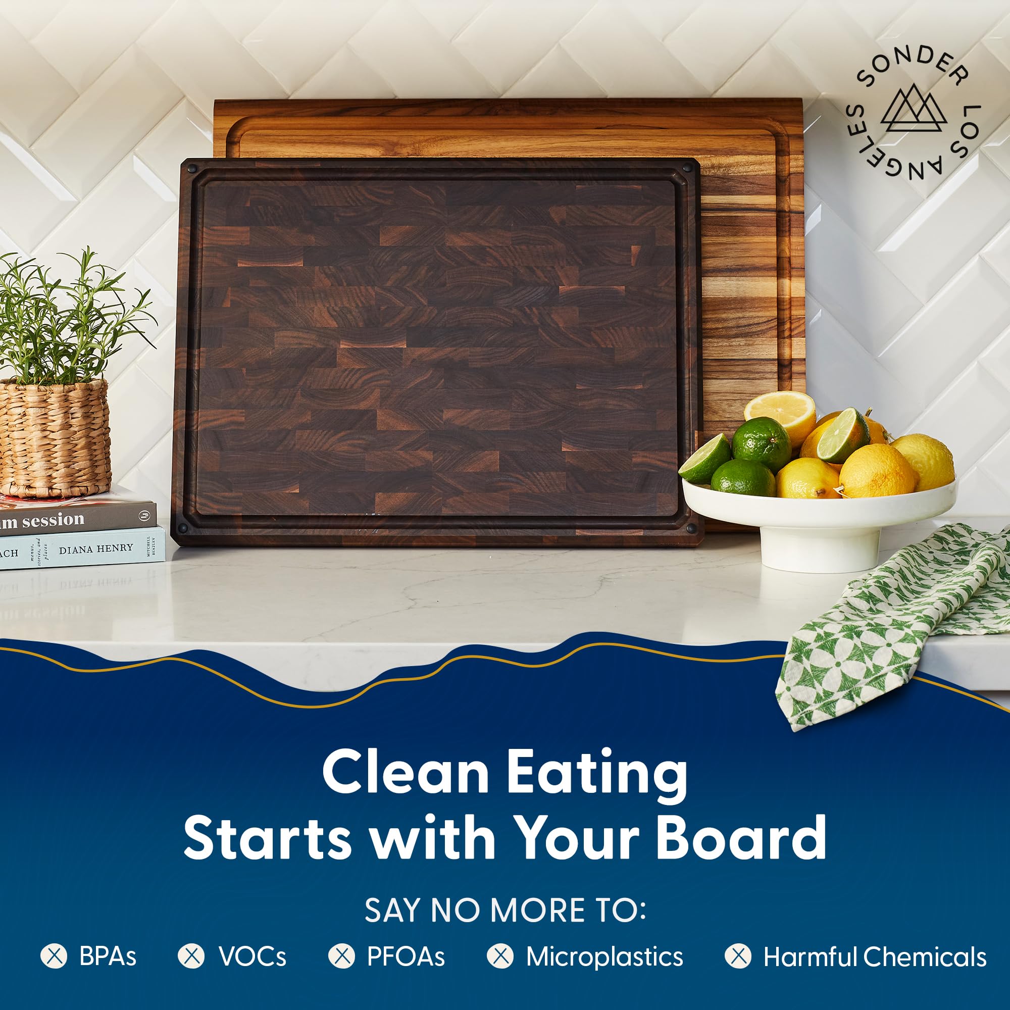 Made in USA Welton cutting board built from American black walnut for durability.