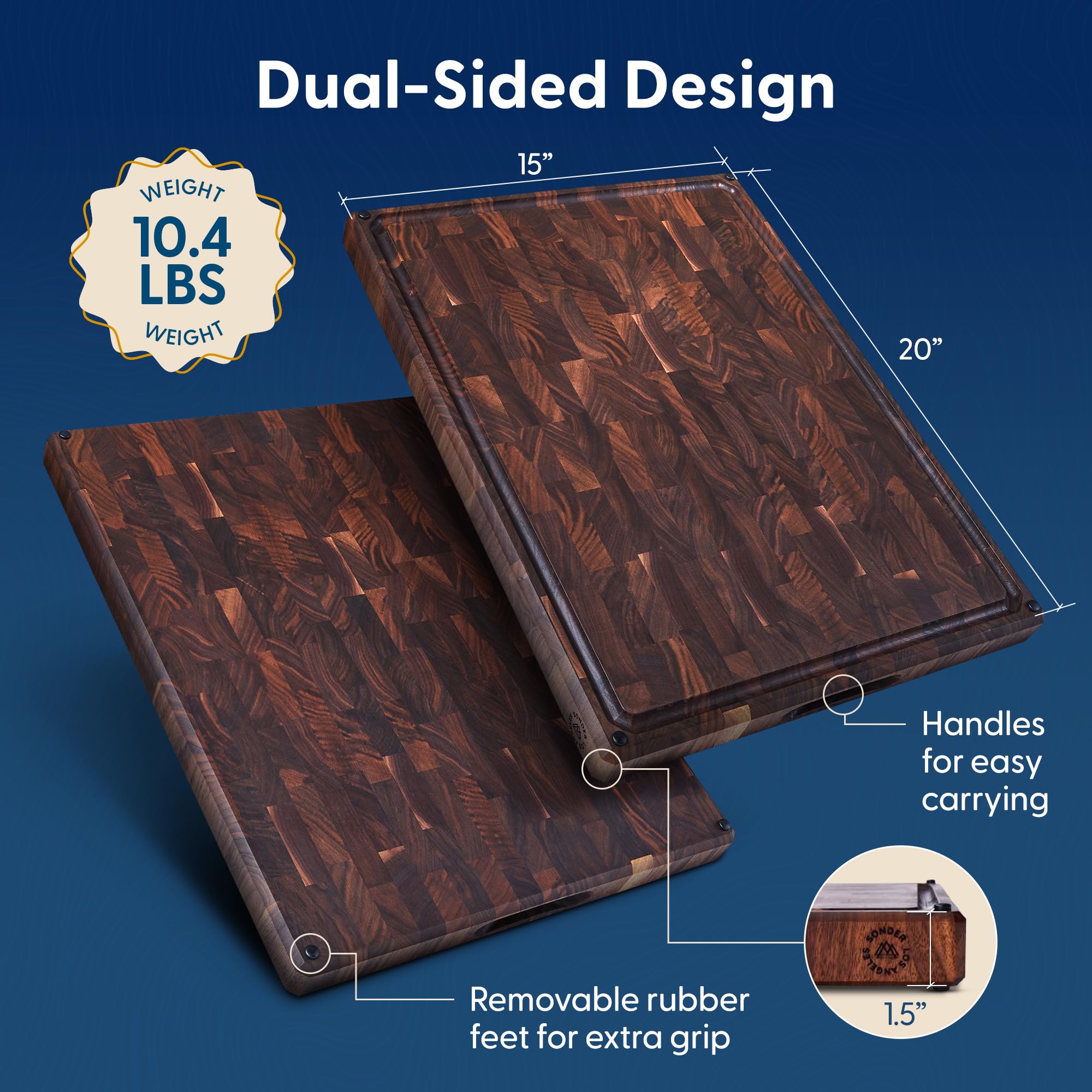 Welton board features non-slip feet and a deep juice groove for stable, clean prep.
